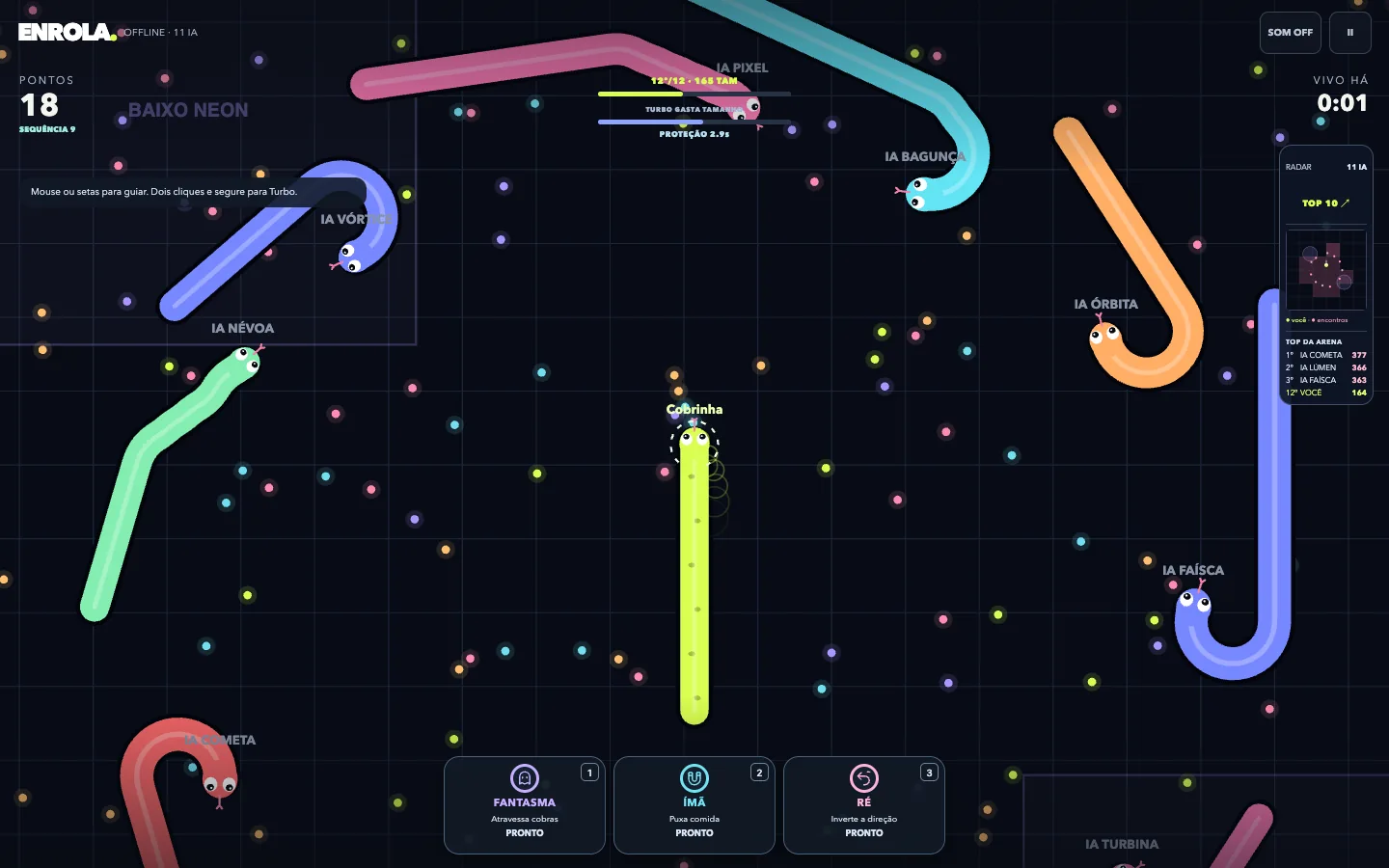Partida real do ENROLA com várias cobras coloridas, pontos luminosos, ranking e poderes na tela